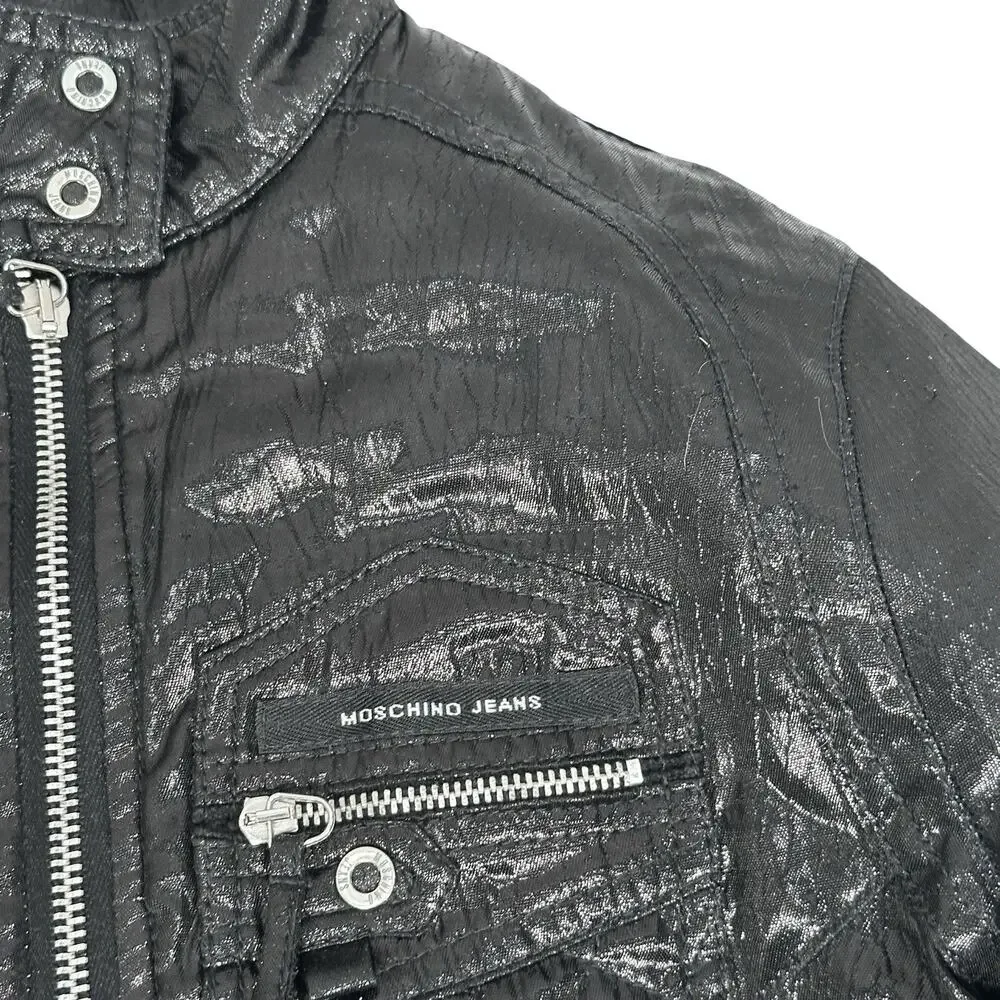 Moschino Jeans Moto Jacket Women's 6 Black Shiny Textured Wool Blend‎ Italy Zip